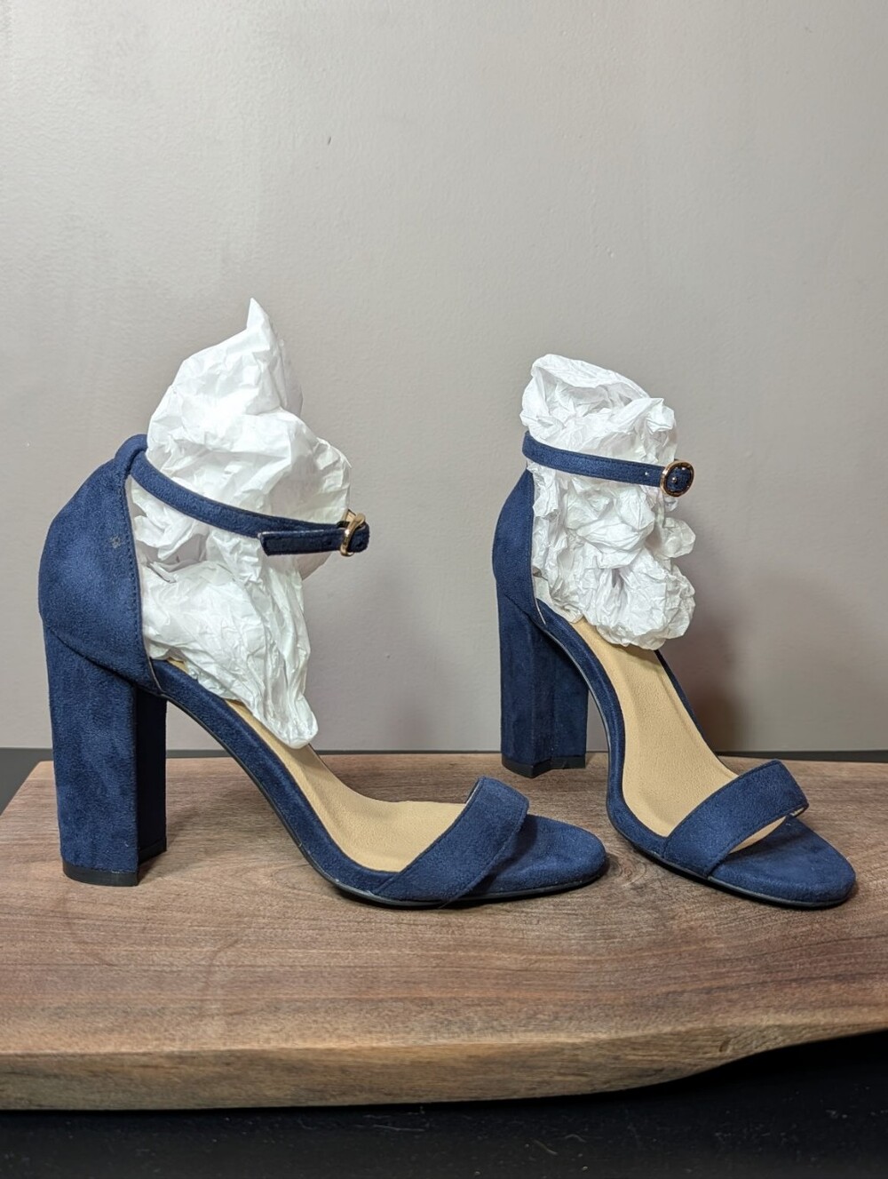 Women’s Navy Suede Block Heel Sandals with Ankle Strap